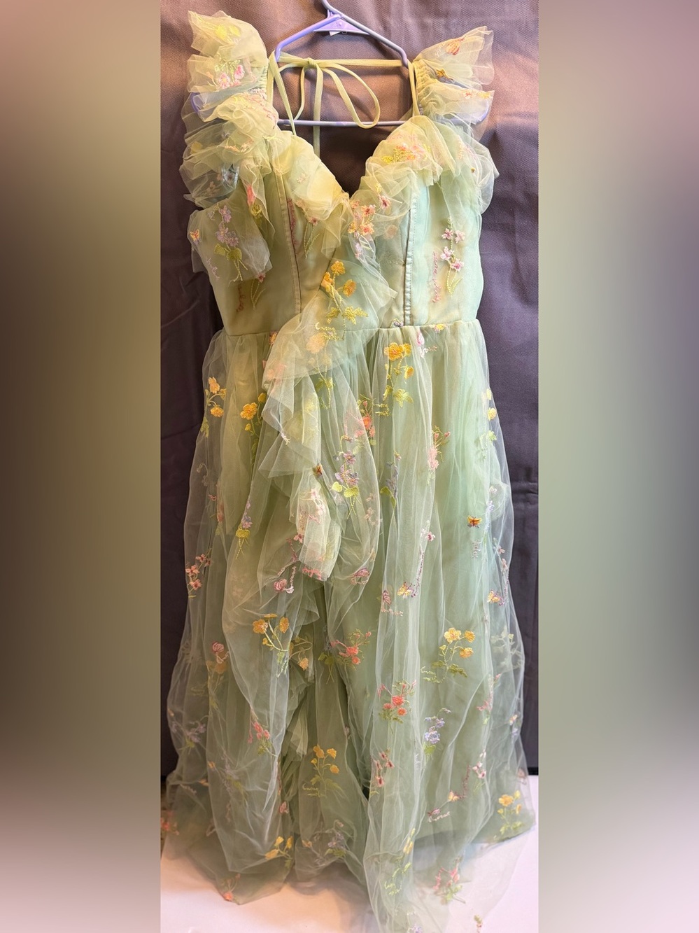 Women’s Sage Green Floral Tulle Party Dress